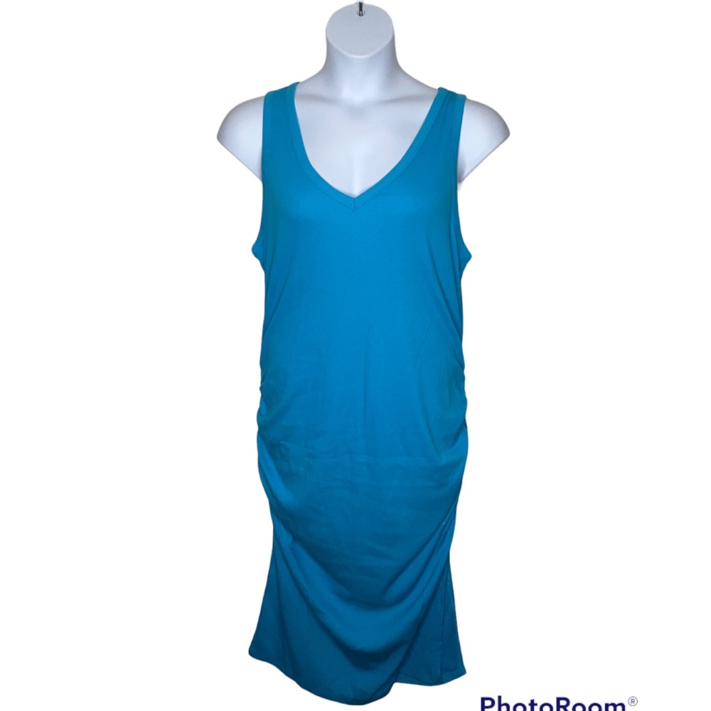 A New Day Size 2XL Dress Turquoise Rib Knit Side Ruched Sleeveless V Neck